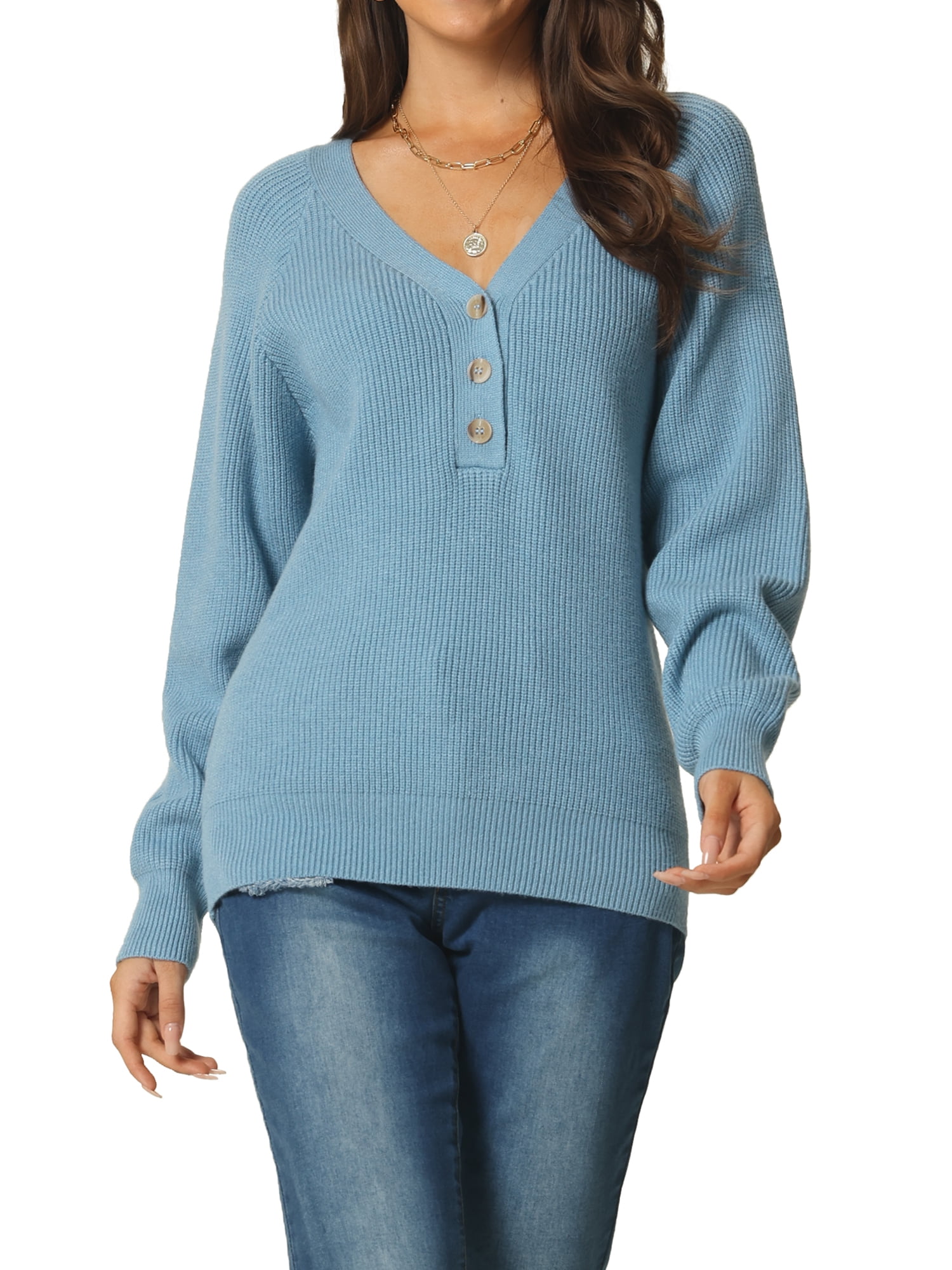 Women's V Neck Button Up Long Sleeve Ribbed Knit Loose Chunky Warm Pullover Sweater Top M Blue