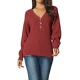 thumbnail image 1 of Women's V Neck Button Up Long Sleeve Ribbed Knit Loose Chunky Warm Pullover Sweater Top S Wine Red, 1 of 6