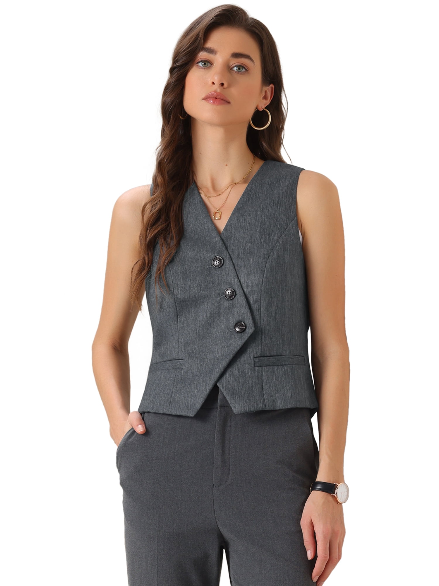 DARING DIVA Womens Sleeveless Suit Vest V-Neck Button-Down Blazer Waistcoat S Gray