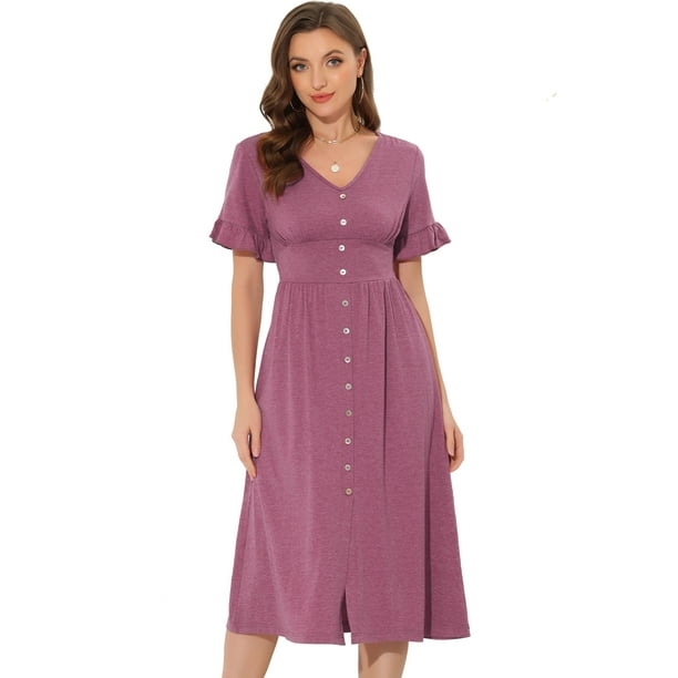 Unique Bargains Women's V Neck Button Flutter Sleeve Smocked High Waist Midi  Dress L Fuchsia - Walmart Business Supplies