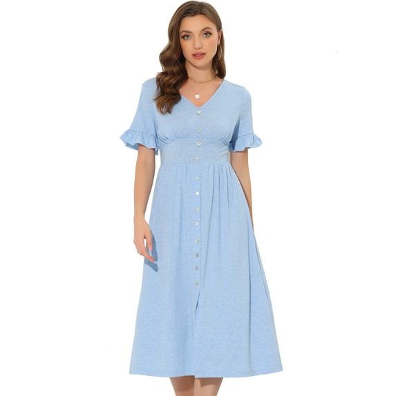 Unique Bargains Women's V Neck Button Flutter Sleeve Smocked High Waist Midi Dress S Blue