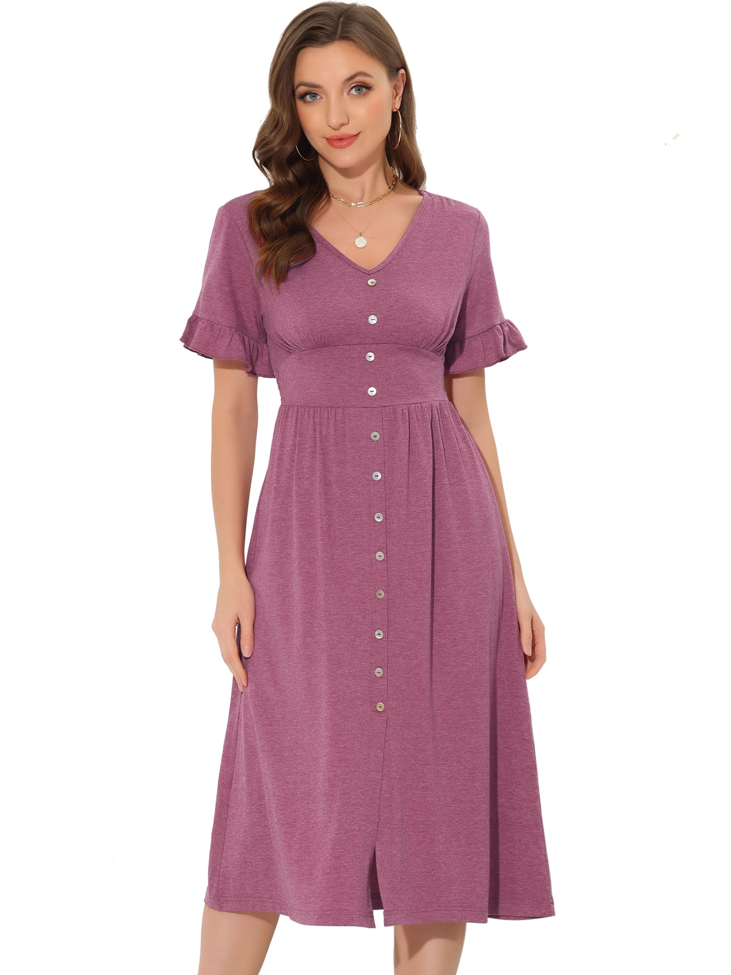 Unique Bargains Women's V Neck Button Flutter Sleeve Smocked High Waist Midi Dress S Fuchsia