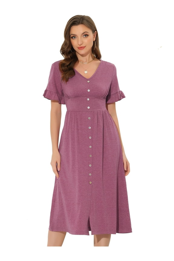 Women's V Neck Button Flutter Sleeve Smocked High Waist Midi Dress XL Fuchsia