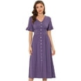 thumbnail image 1 of Unique Bargains Women's V Neck Button Flutter Sleeve Smocked High Waist Midi Dress XL Purple, 1 of 6