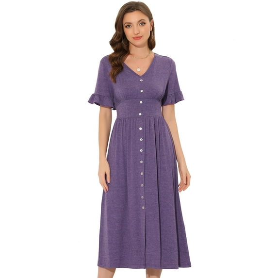 Unique Bargains Women's V Neck Button Flutter Sleeve Smocked High Waist Midi Dress XL Purple