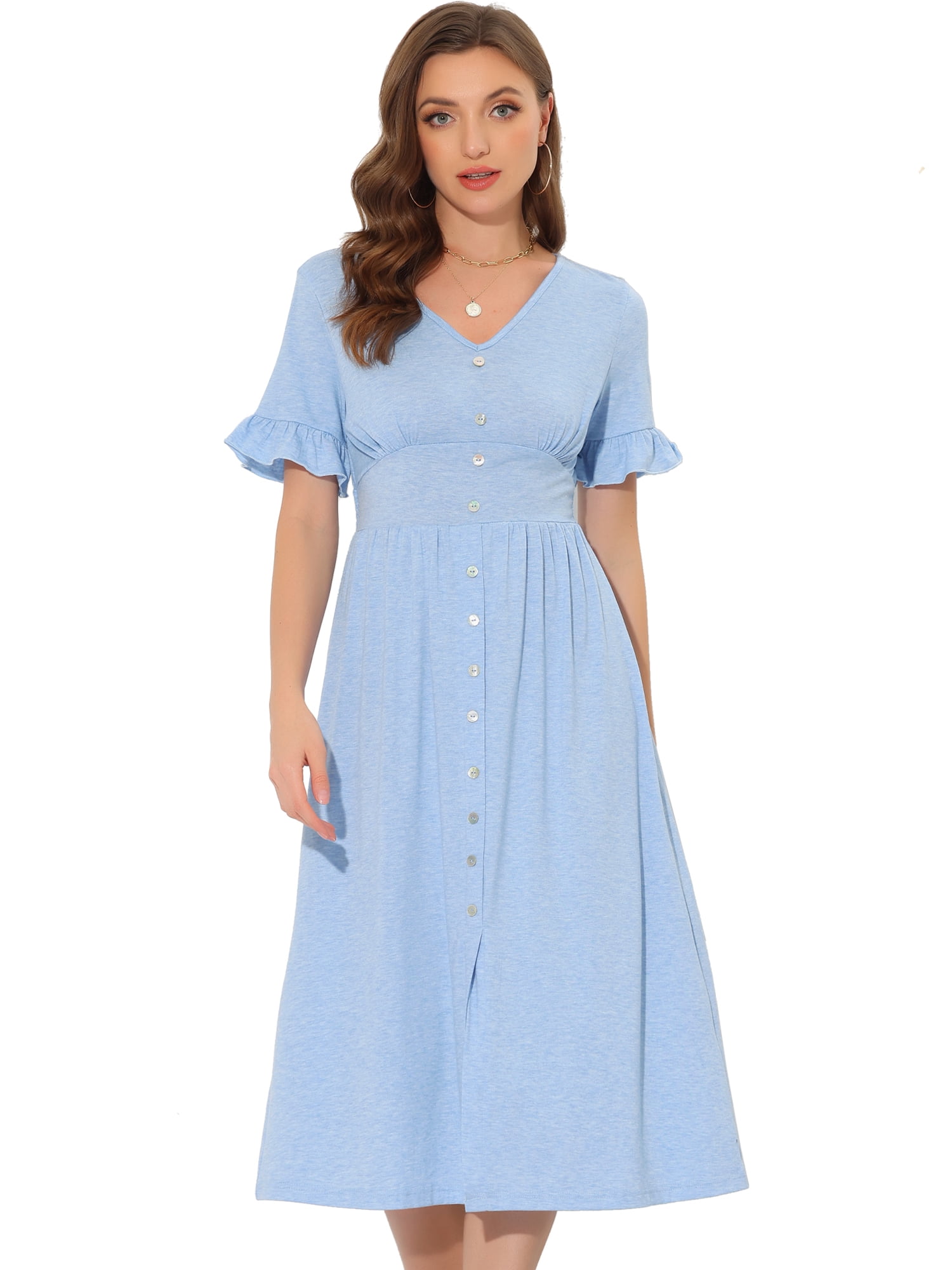 Unique Bargains Women's V Neck Button Flutter Sleeve Smocked High Waist Midi Dress XS Blue
