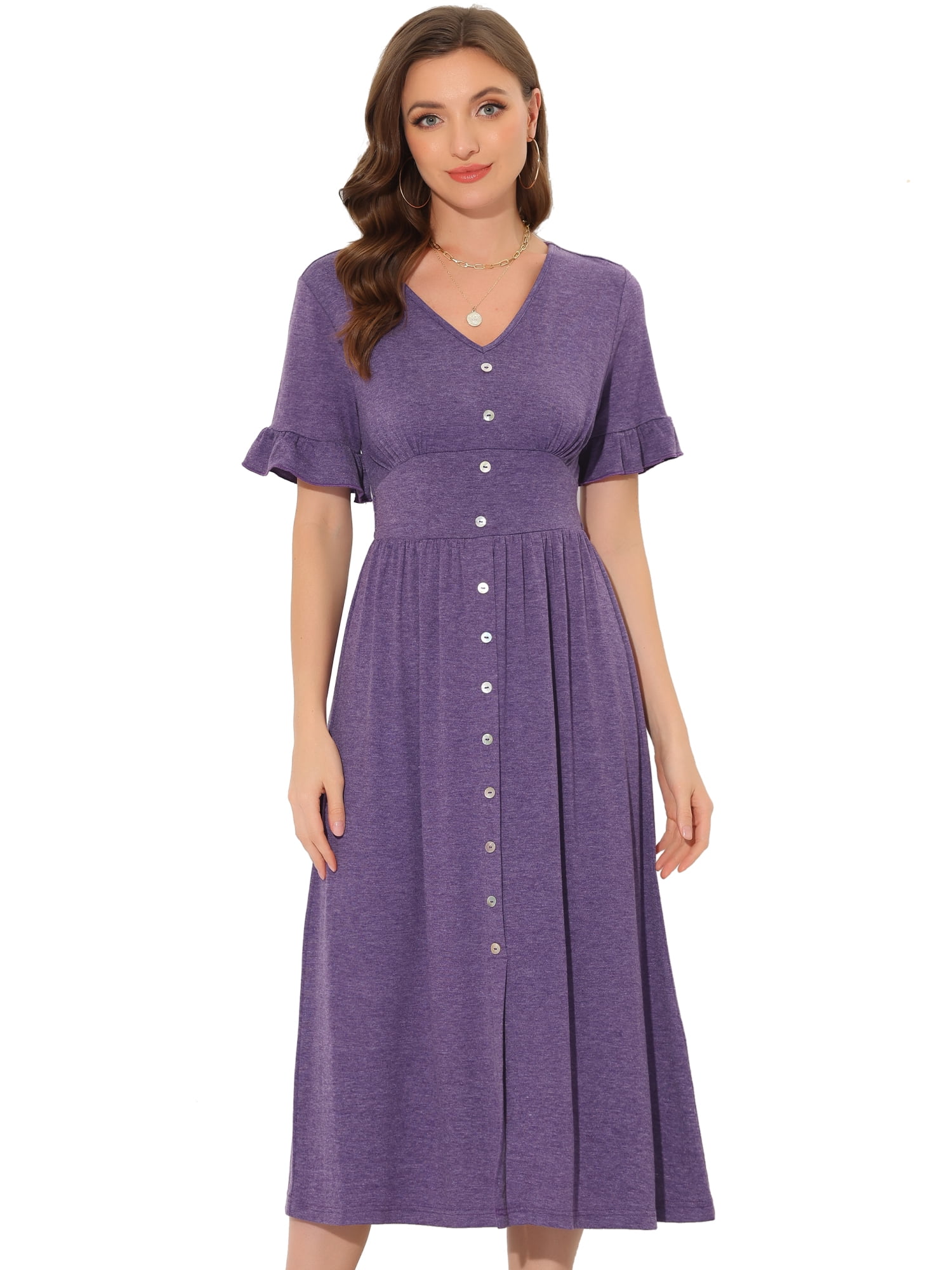 Unique Bargains Women's V Neck Button Flutter Sleeve Smocked High Waist Midi Dress XS Purple