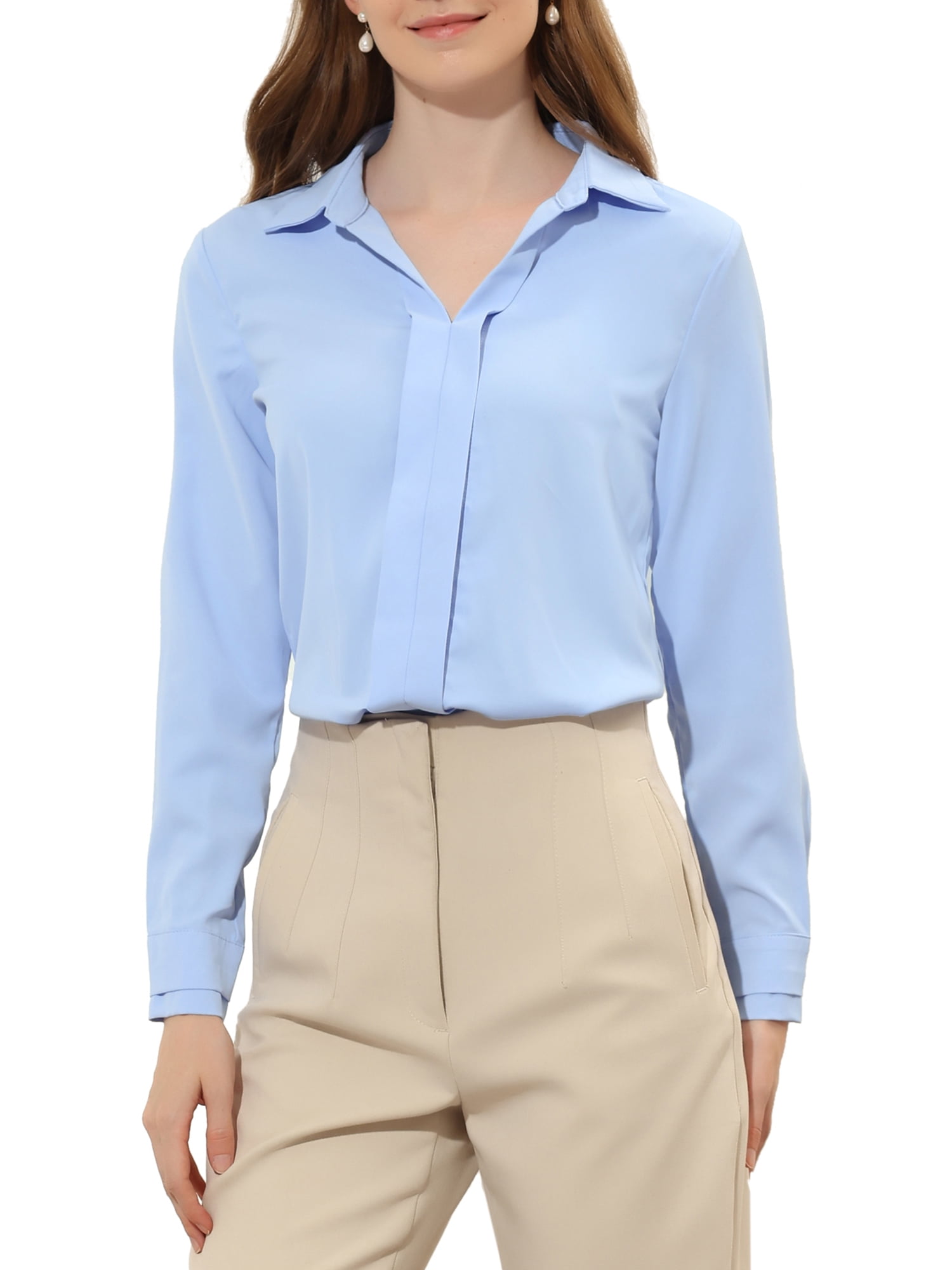 Unique Bargains Women's V Neck Classic Work Office Long Sleeve Shirt