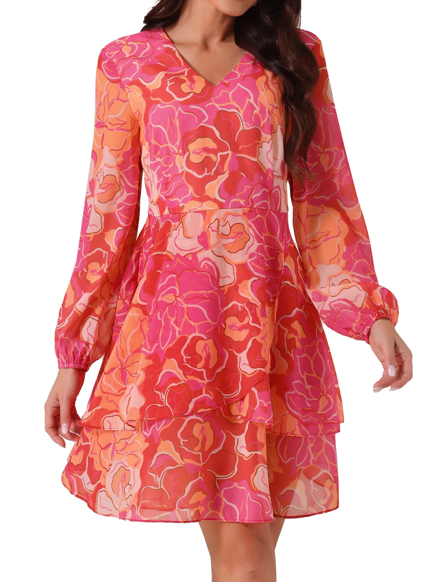 Unique Bargains Women's V Neck Floral Dress Chiffon Ruffle Mini Dress L Rose Red