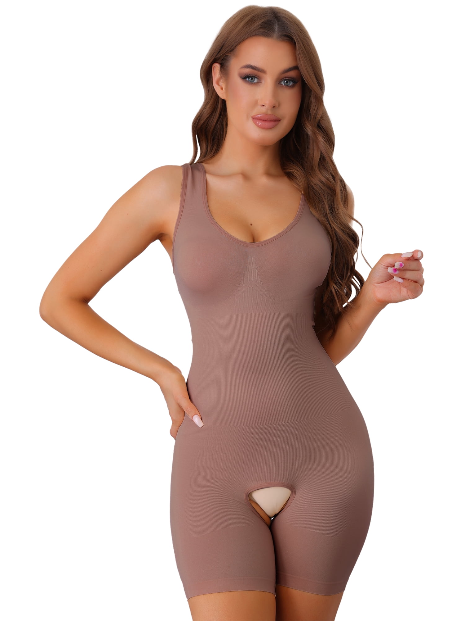 DARING DIVA V Neck Butt Lifter Full Body Shaper Slimmer Jumpsuit L Brown