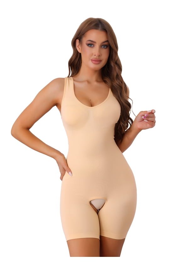 V Neck Butt Lifter Full Body Shaper Slimmer Jumpsuit M Beige