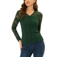 thumbnail image 1 of Unique Bargains Women's V Neck Long Sleeve Semi Sheer Lace Embroidery  Blouse Dark Green Medium, 1 of 5