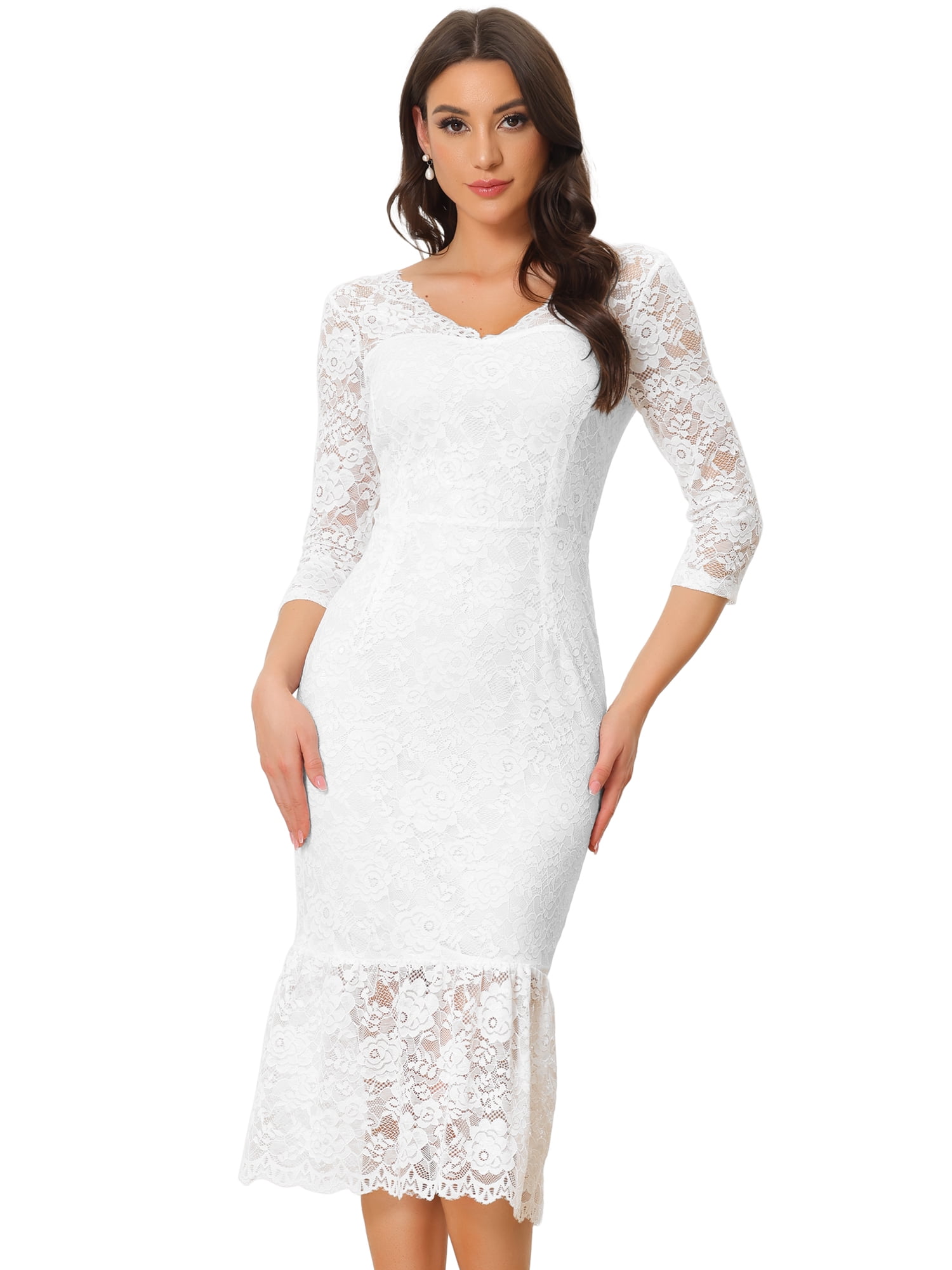 princess polly baby blue dress Unique Bargains Women's V-Neck Party 3/4 Sleeve Lace Ruffle Bodycon Dresses  L White