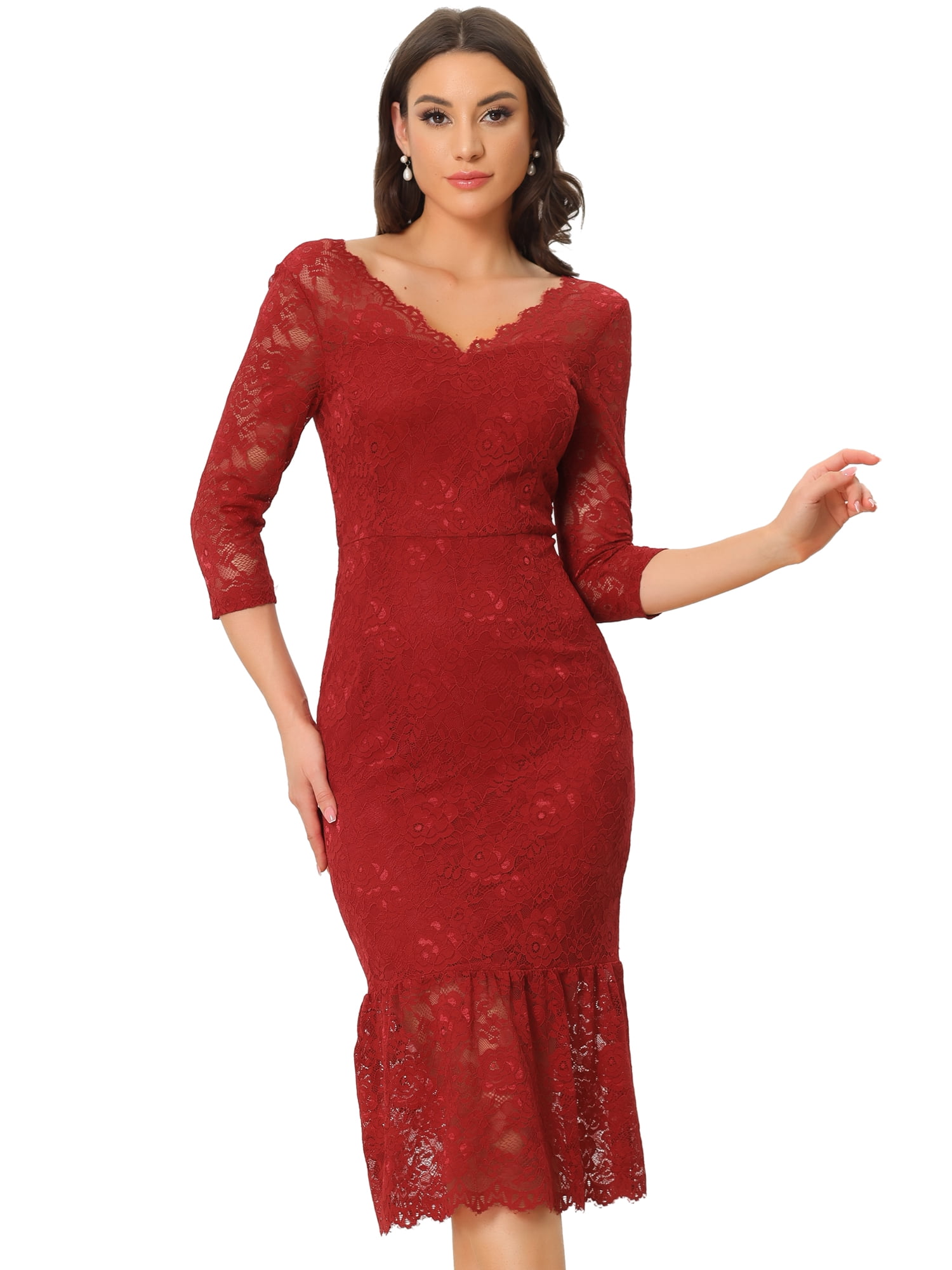 Unique Bargains Women's V-Neck Party 3/4 Sleeve Lace Ruffle Bodycon Dresses S Burgundy
