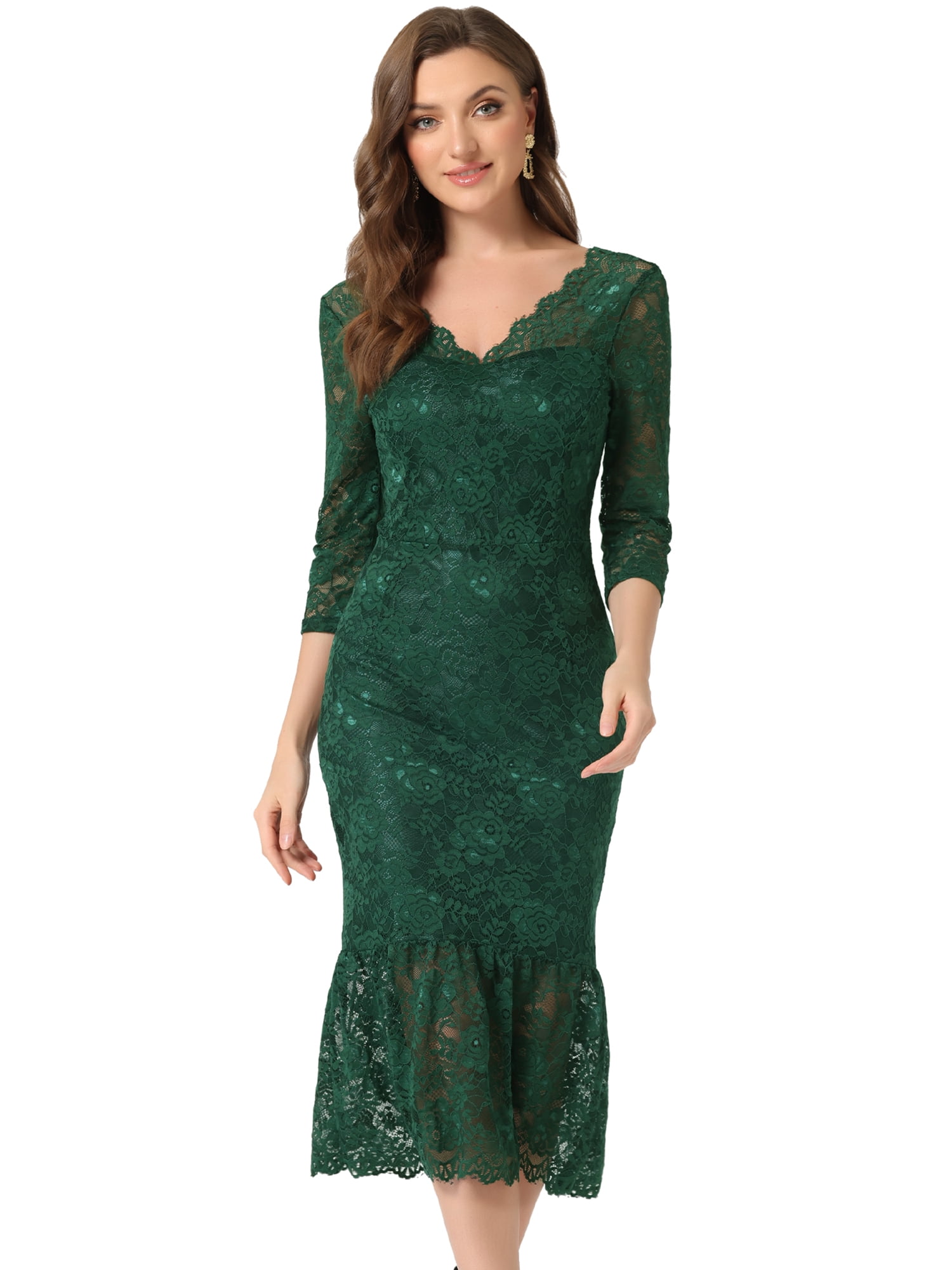 slim fit dress slacks Dark Green See Through Lace Dress with Sleeves in Dark Green main image 1