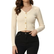 Unique Bargains Women's V Neck Ribbed Knit Casual Long Sleeve Solid Sweater Pullover Top M Apricot