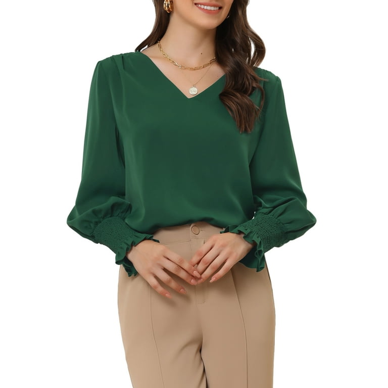 Unique Bargains Women's V Neck Shirred Bell Long Sleeve Casual Office Tops