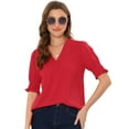 thumbnail image 1 of Unique Bargains Women's V Neck Short Sleeve Bubble Sleeve Blouses M Red, 1 of 6