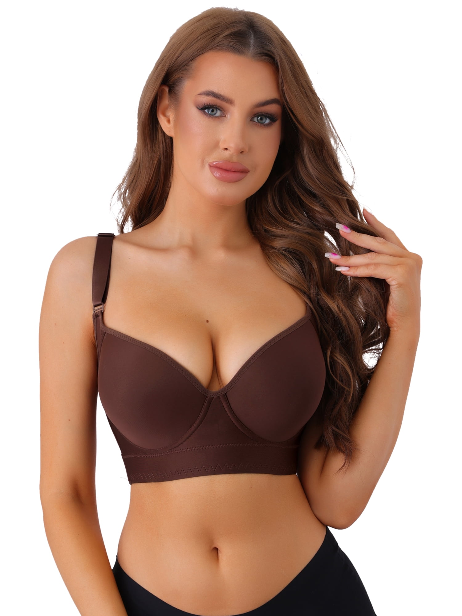Unique Bargains Women's V-Neck Underwire Bra Push-Up Plus Size Underwear D 40 Brown