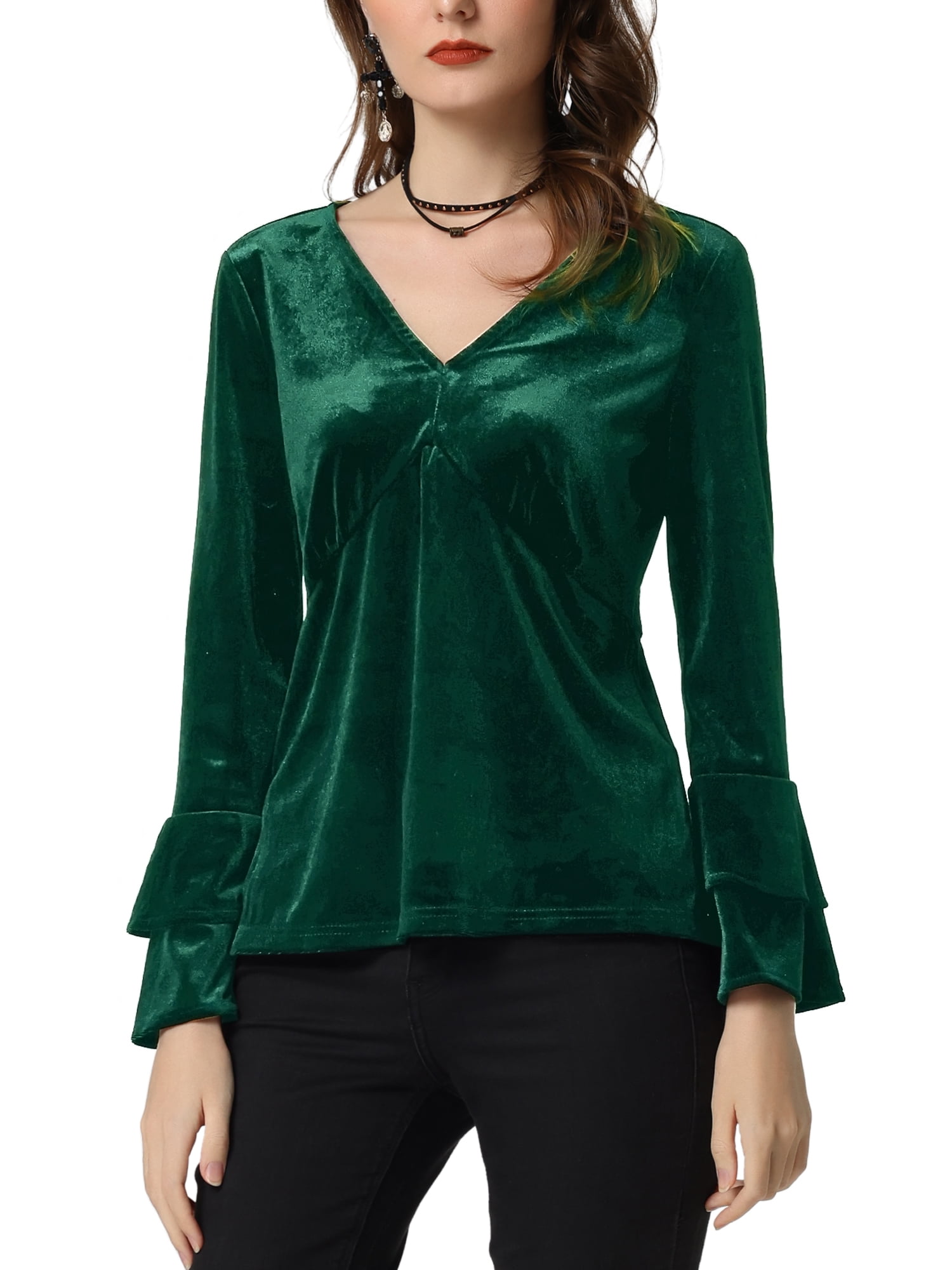 Unique Bargains Women's V Neck Velvet Blouse Flare Long Sleeve Casual Top  XS Dark Green