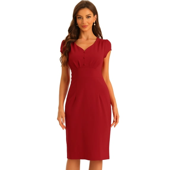 DARING DIVA V Neck Sheath Cap Sleeves Split Pencil Blouse M Red