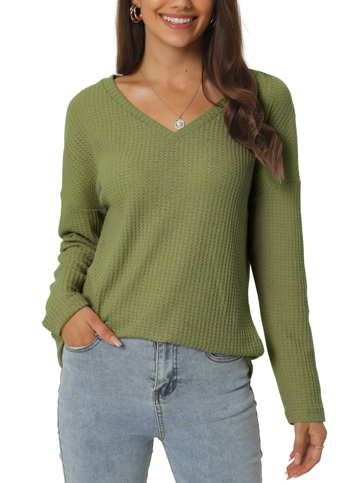 Women's Waffle Knit V Neck Long Sleeve Casual Blouse Lightweight Top L Army Green