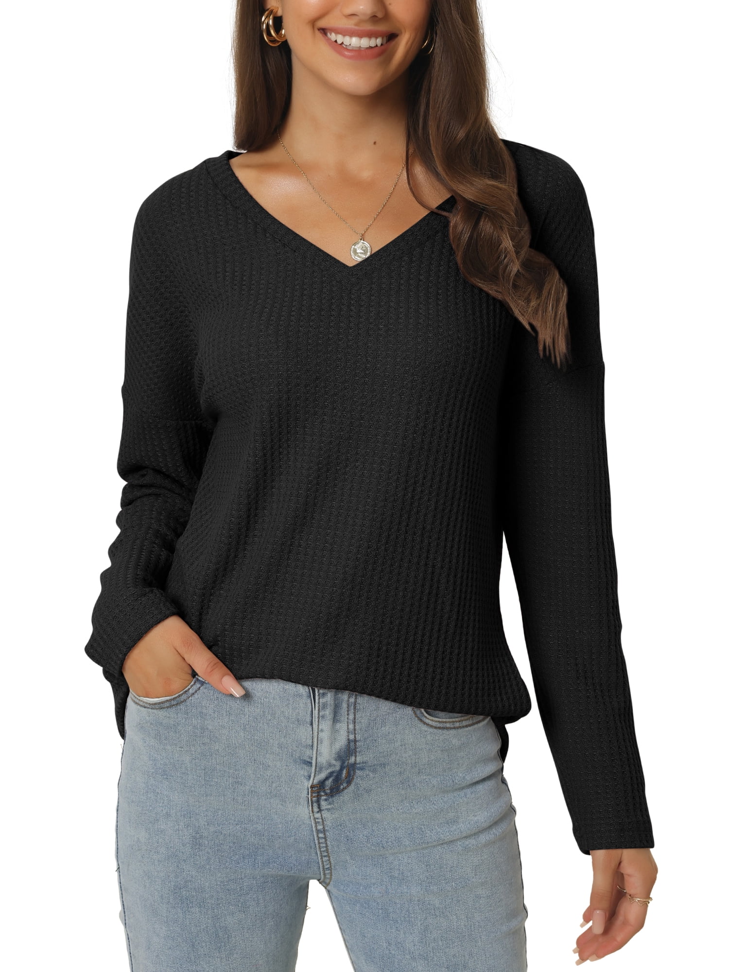 Women's Waffle Knit V Neck Long Sleeve Casual Blouse Lightweight Top XL Black