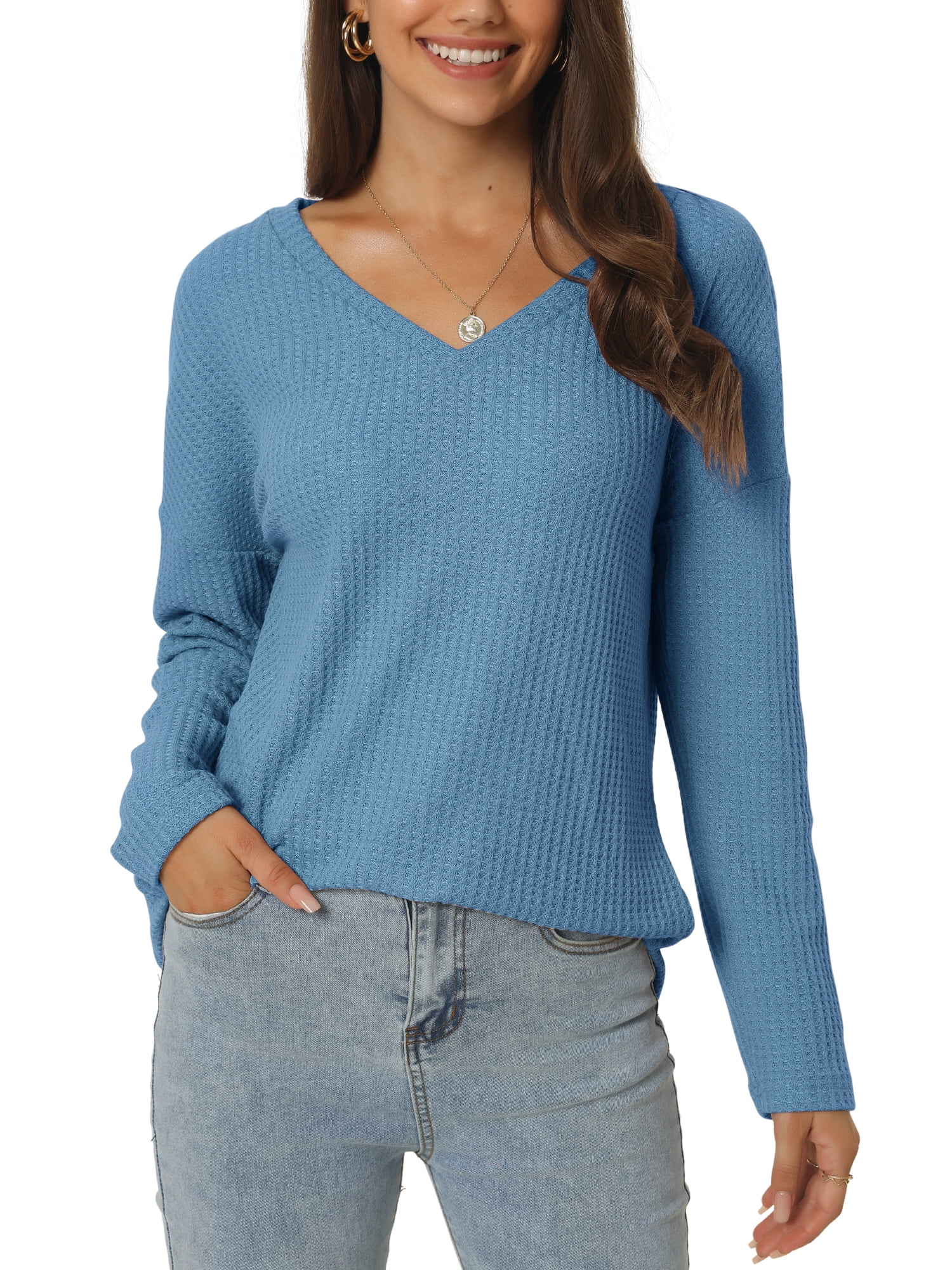Women's Waffle Knit V Neck Long Sleeve Casual Blouse Lightweight Top M Blue