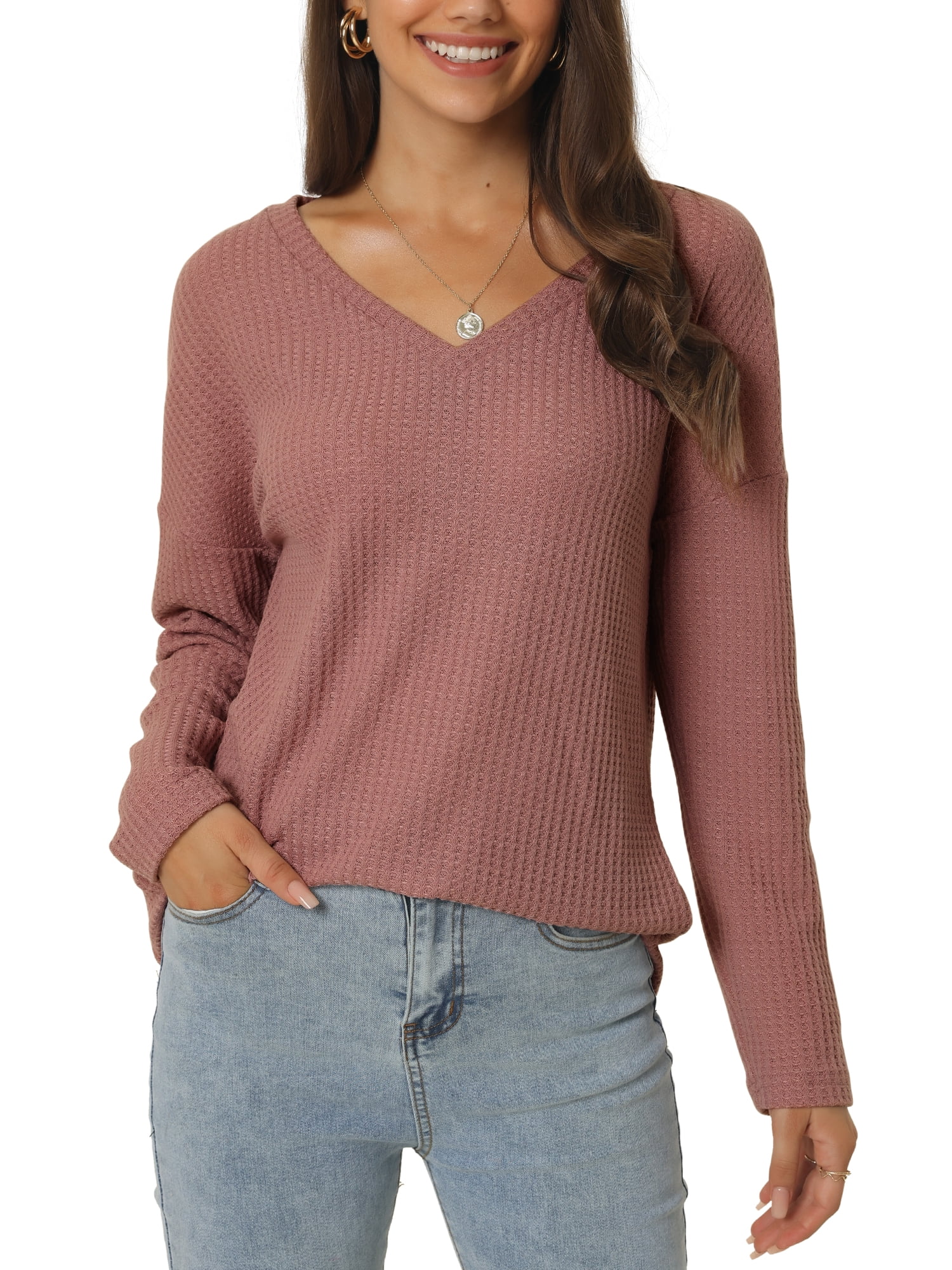Women's Waffle Knit V Neck Long Sleeve Casual Blouse Lightweight Top L Brick Red
