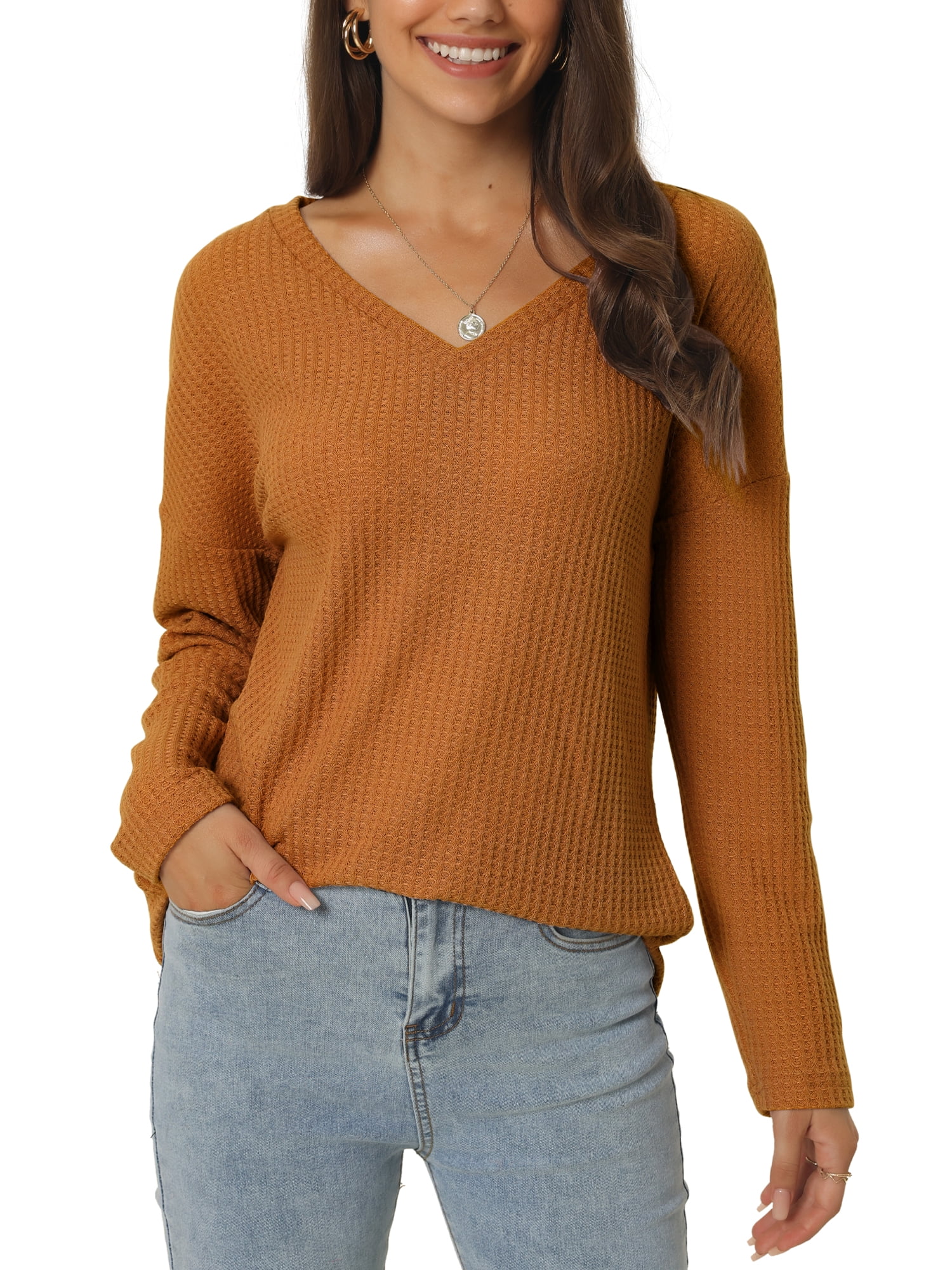Women's Waffle Knit V Neck Long Sleeve Casual Blouse Lightweight Top L Brown