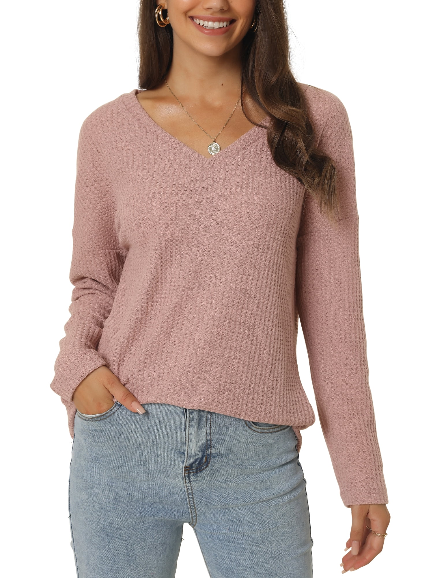 Women's Waffle Knit V Neck Long Sleeve Casual Blouse Lightweight Top L Dusty Pink