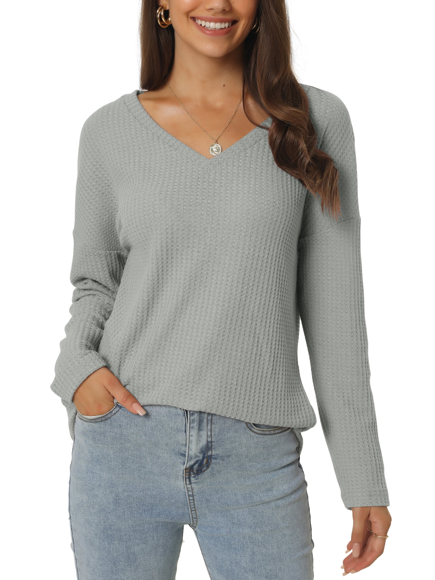 Women's Waffle Knit V Neck Long Sleeve Casual Blouse Lightweight Top L Grey