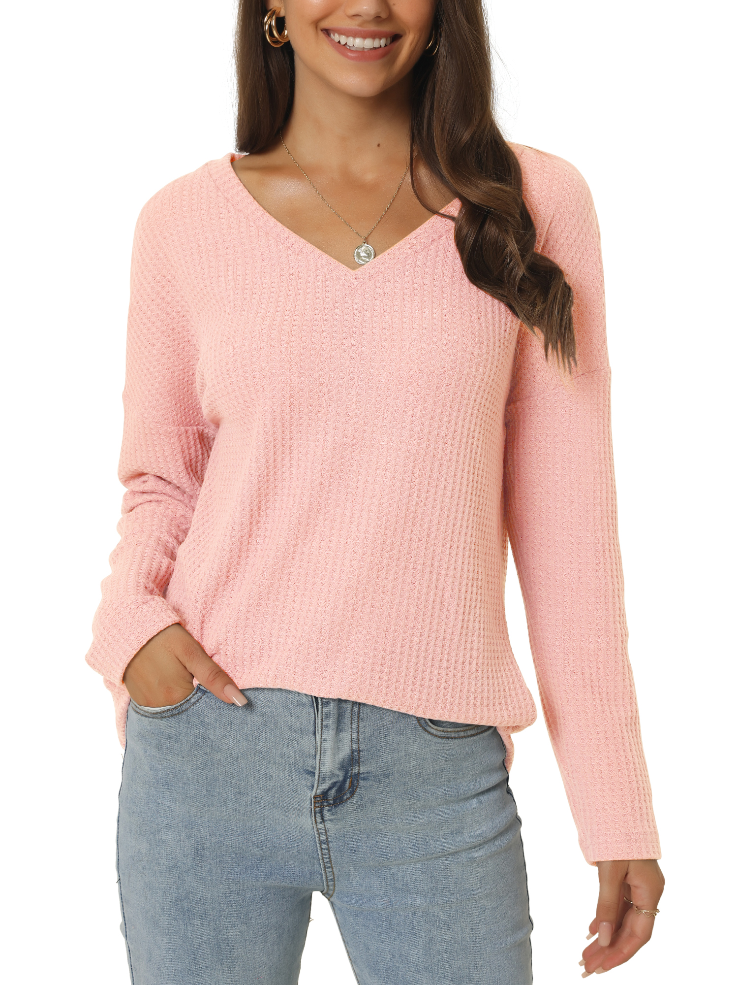 Women's Waffle Knit V Neck Long Sleeve Casual Blouse Lightweight Top M Pink