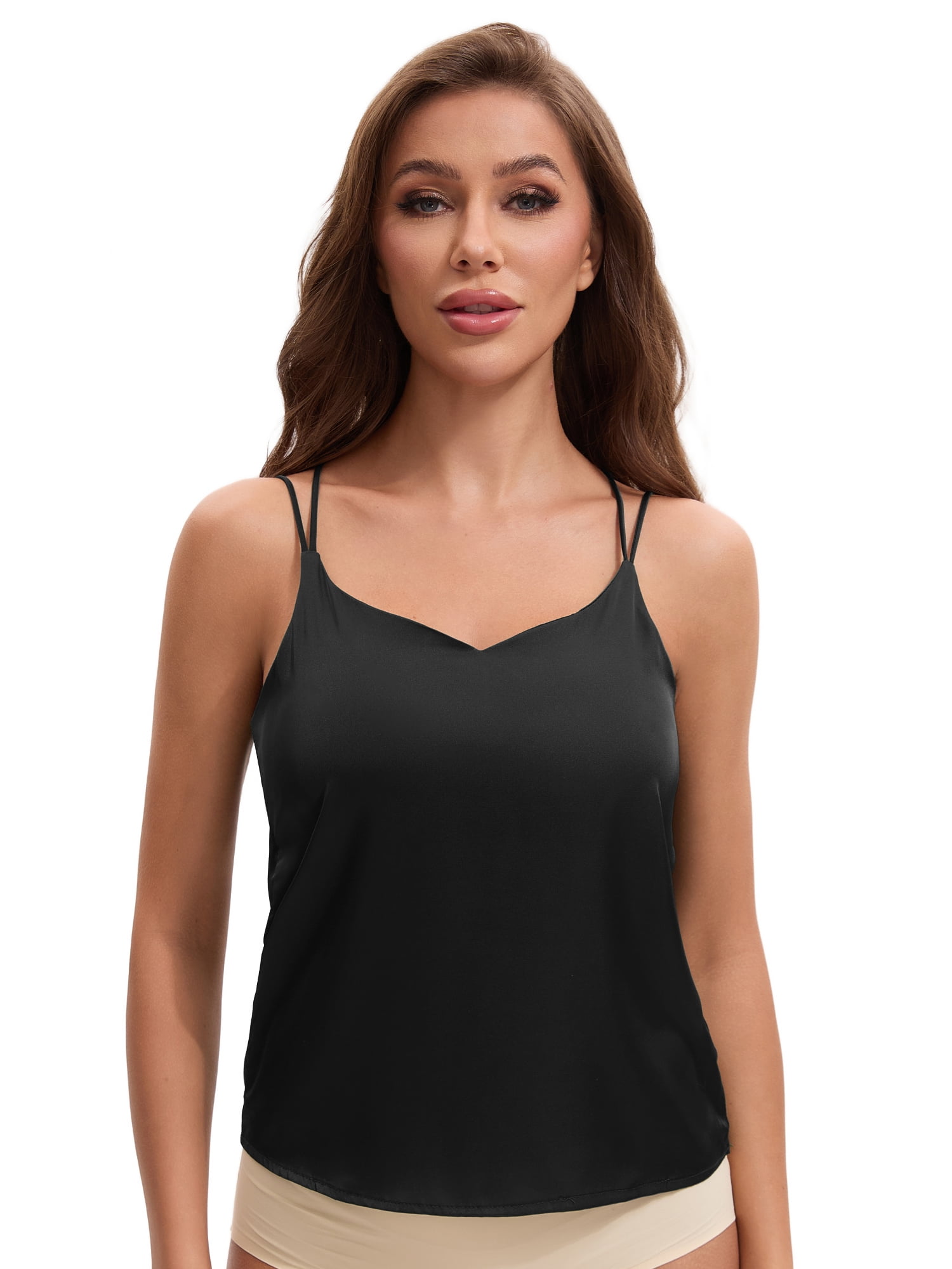 Unique Bargains Women's V Neck Wide Strap Loose Fit Camisoles M Black Y1