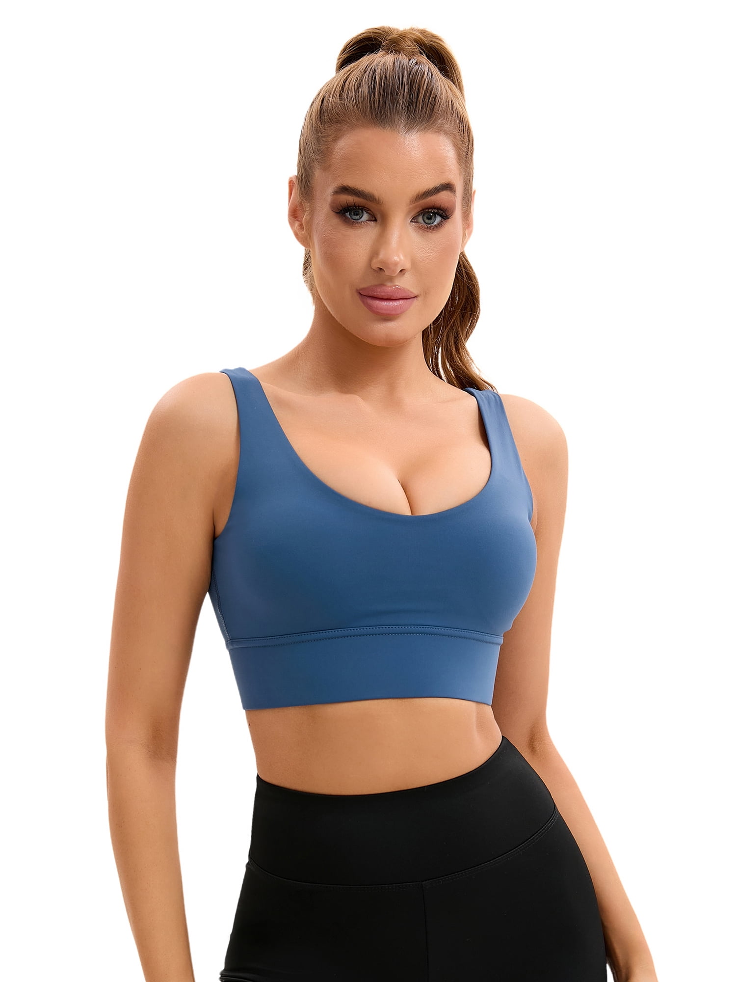 Unique Bargains Women's V-Neck Workout Crop Top Bra U Back Sports Bras S Blue