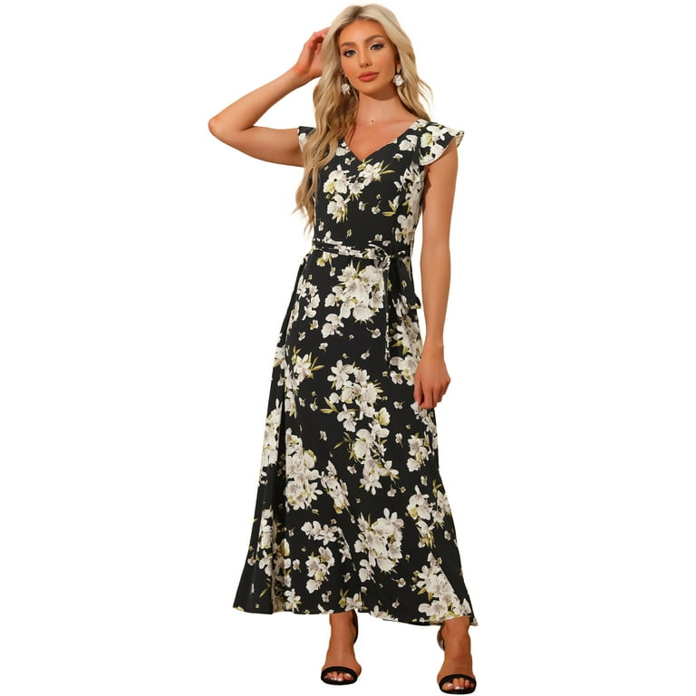 【送料&関税込】ChloAC Flared Dress With Cap Sleeves Unique Bargains Women's V-neck Floral Cap Sleeves with Belt