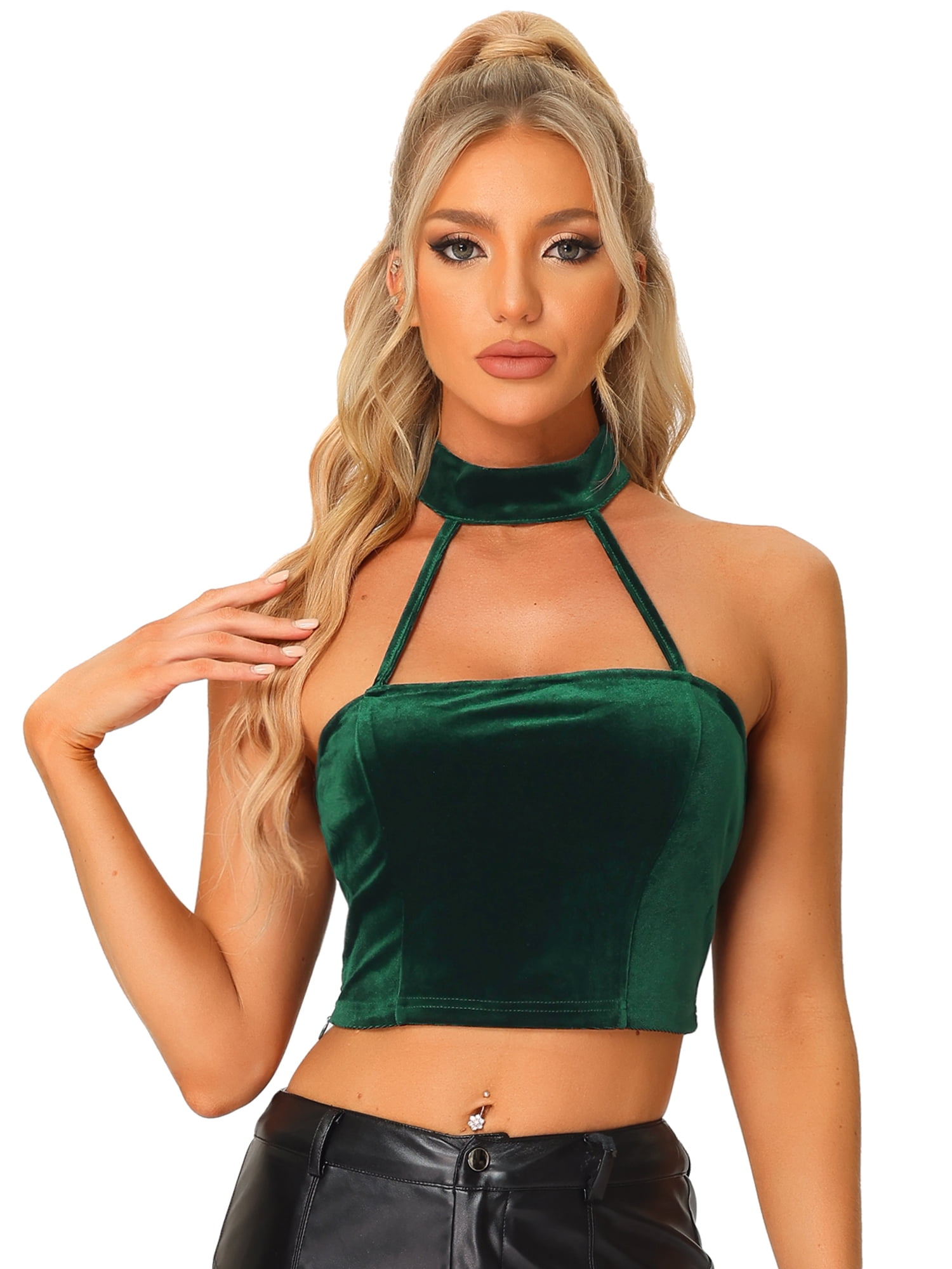 Unique Bargains Women's Velvet Halter Backless Camis Sleeveless Punk Crop Top