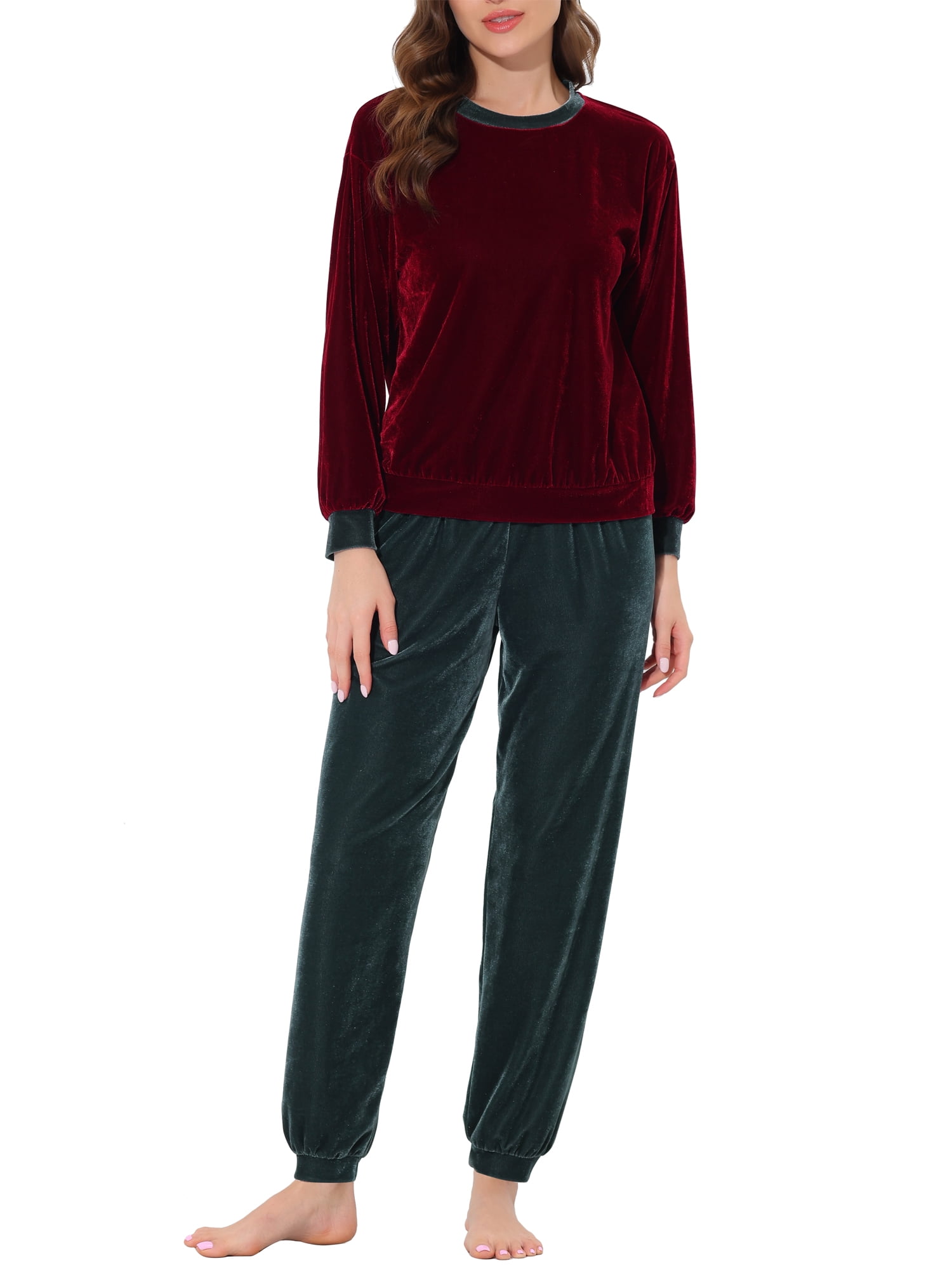 Unique Bargains Women's Velvet Long Sleeve Warm Top and Pants Pajamas Sleepwear Sets