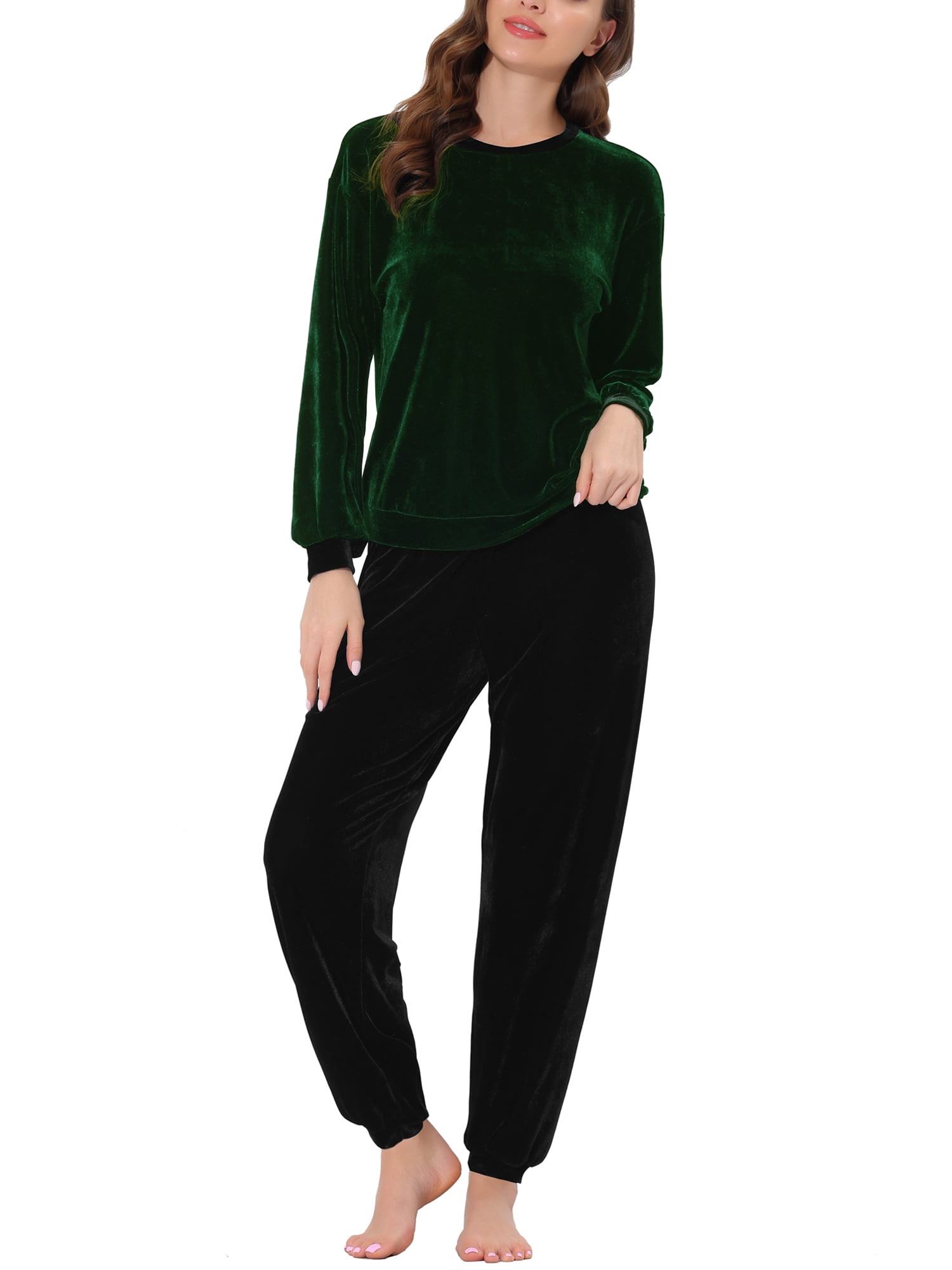 Unique Bargains Women's Velvet Long Sleeve Warm Top and Pants Pajamas ...