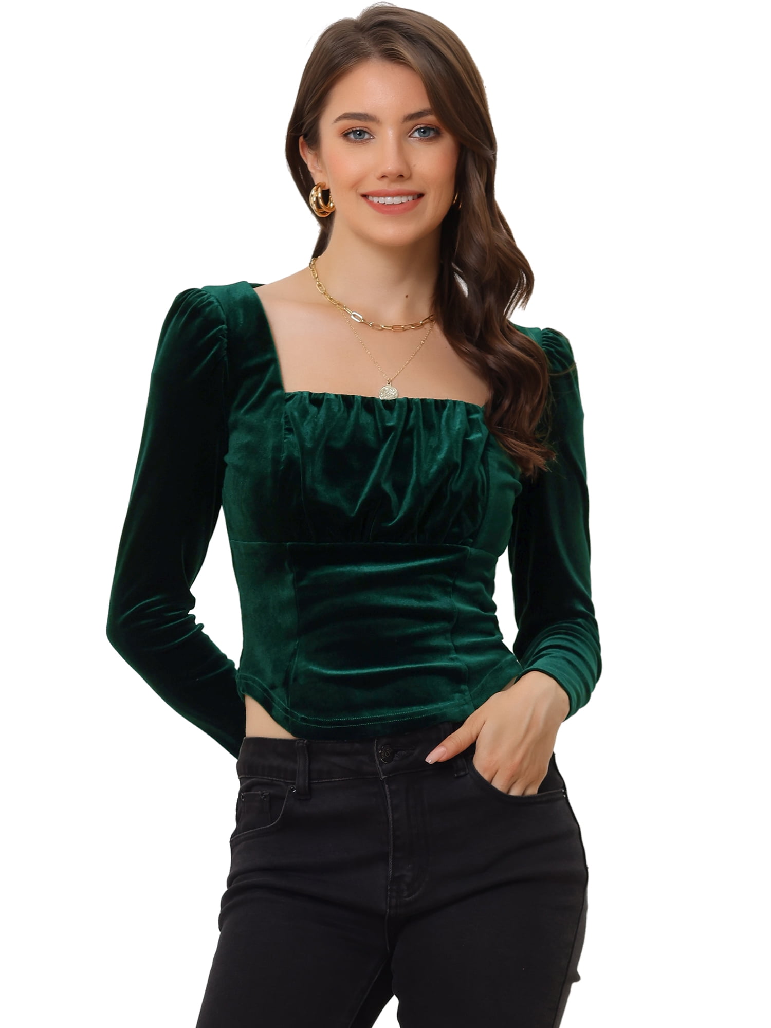 Long Sleeves Crop Tops for Women's Party Velvet Blouse Square Neck Top XL Dark Green
