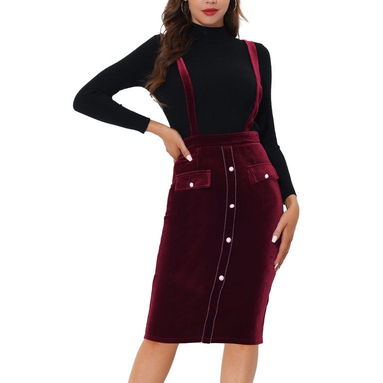 Unique Bargains Women's Velvet Overall Dress Suspender Pencil Midi