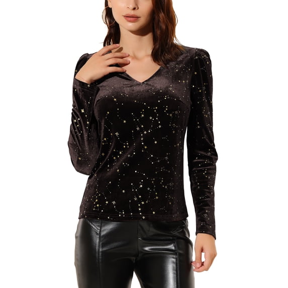 Unique Bargains Women's Velvet V-Neck Long Sleeve Metallic Shiny Star Blouse