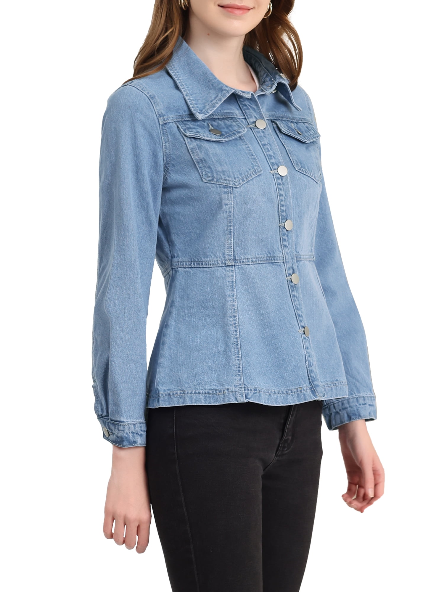 Unique Bargains Women's Vintage Jean Long Sleeve Button Denim Jacket Light Blue M