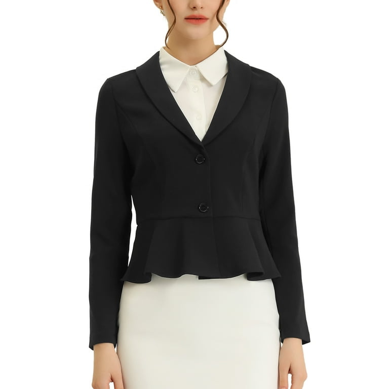 Unique Bargains Women s Vintage Shawl Collar Ruffle Hem Work Short Blazer L Black Walmart