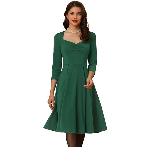 Unique Bargains Women's Vintage Sweetheart Neck 1950s Retro Cocktail A-Line Dresses XS Dark Green