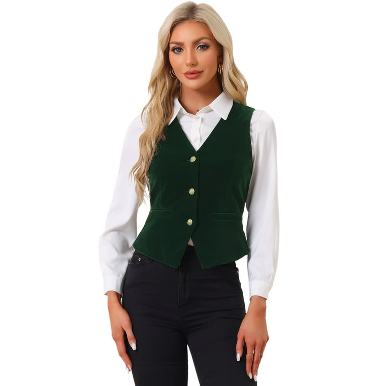 Unique Bargains Women s Vintage Velvet Vest Button Down Steampunk Waistcoat L Dark Green Size Large