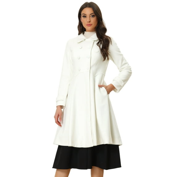 Unique Bargains Women's Vintage Winter Coat A Line Double Breasted Overcoat S White