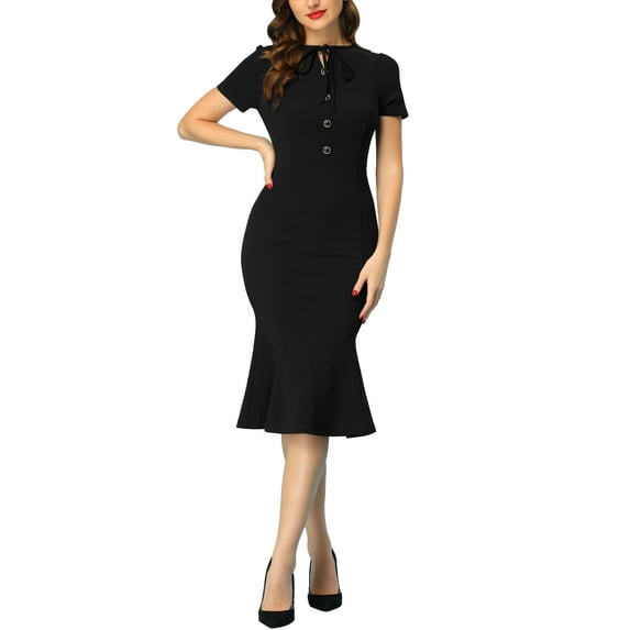 Unique Bargains Women's Vintage Work Short Sleeve Mermaid Bodycon Dress L Black