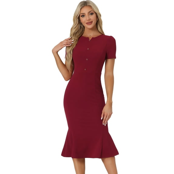 Unique Bargains Women's Vintage Work Short Sleeve Mermaid Bodycon Dress M Dark Red