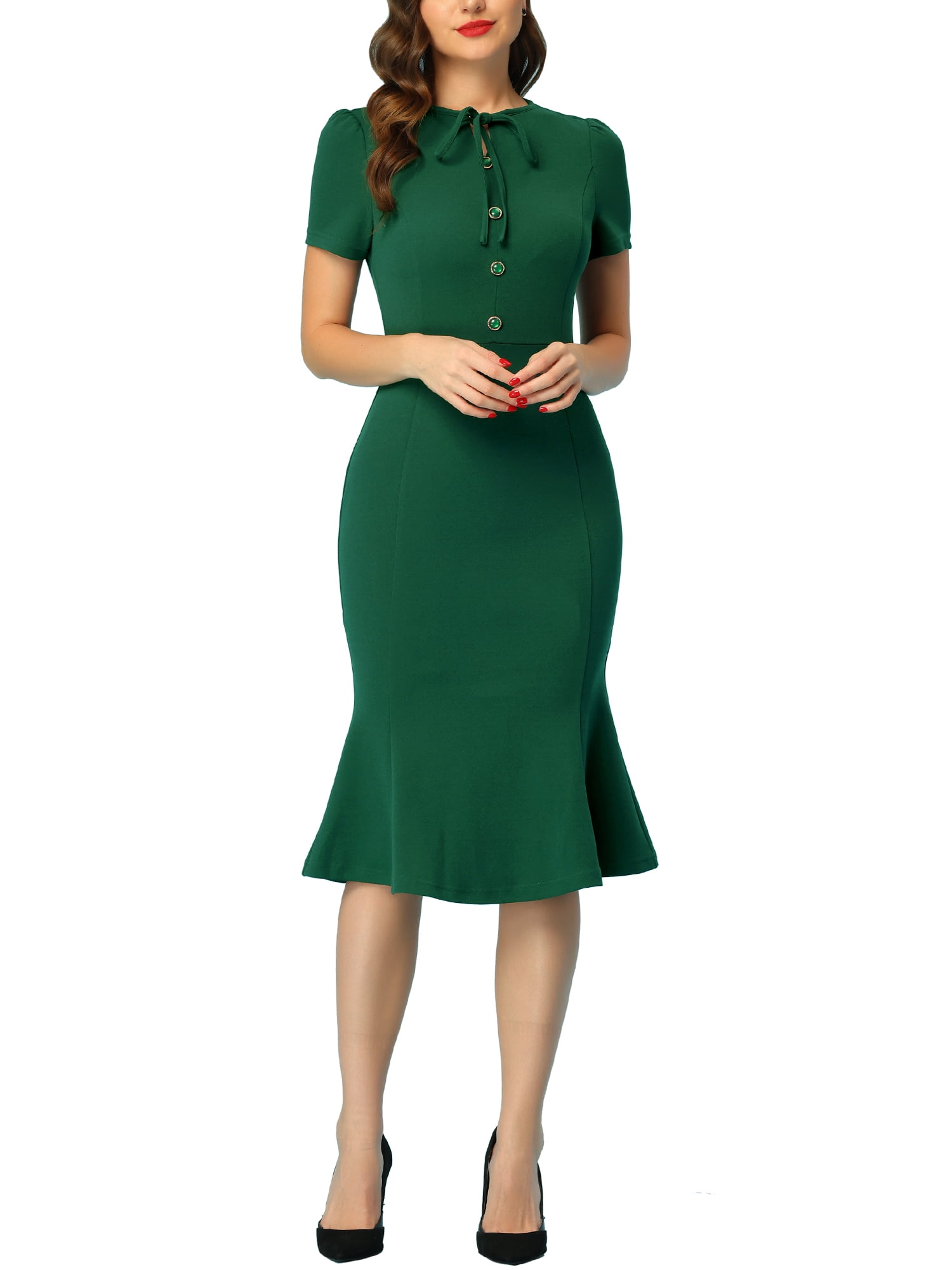 Unique Bargains Women's Vintage Work Short Sleeve Mermaid Bodycon Dress M Green